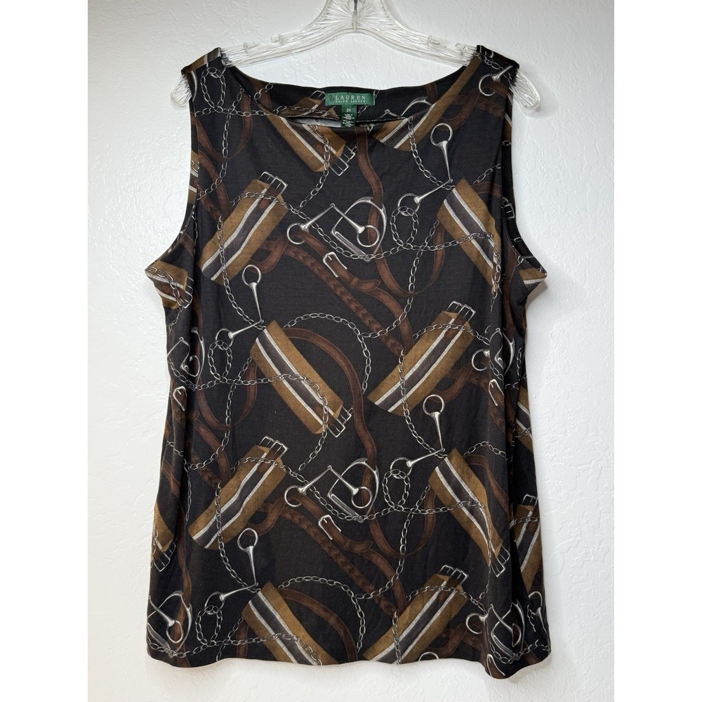 LAUREN Ralph Lauren Equestrian Print Sleeveless Top Sz 2X Silk Wool Blend Brown
